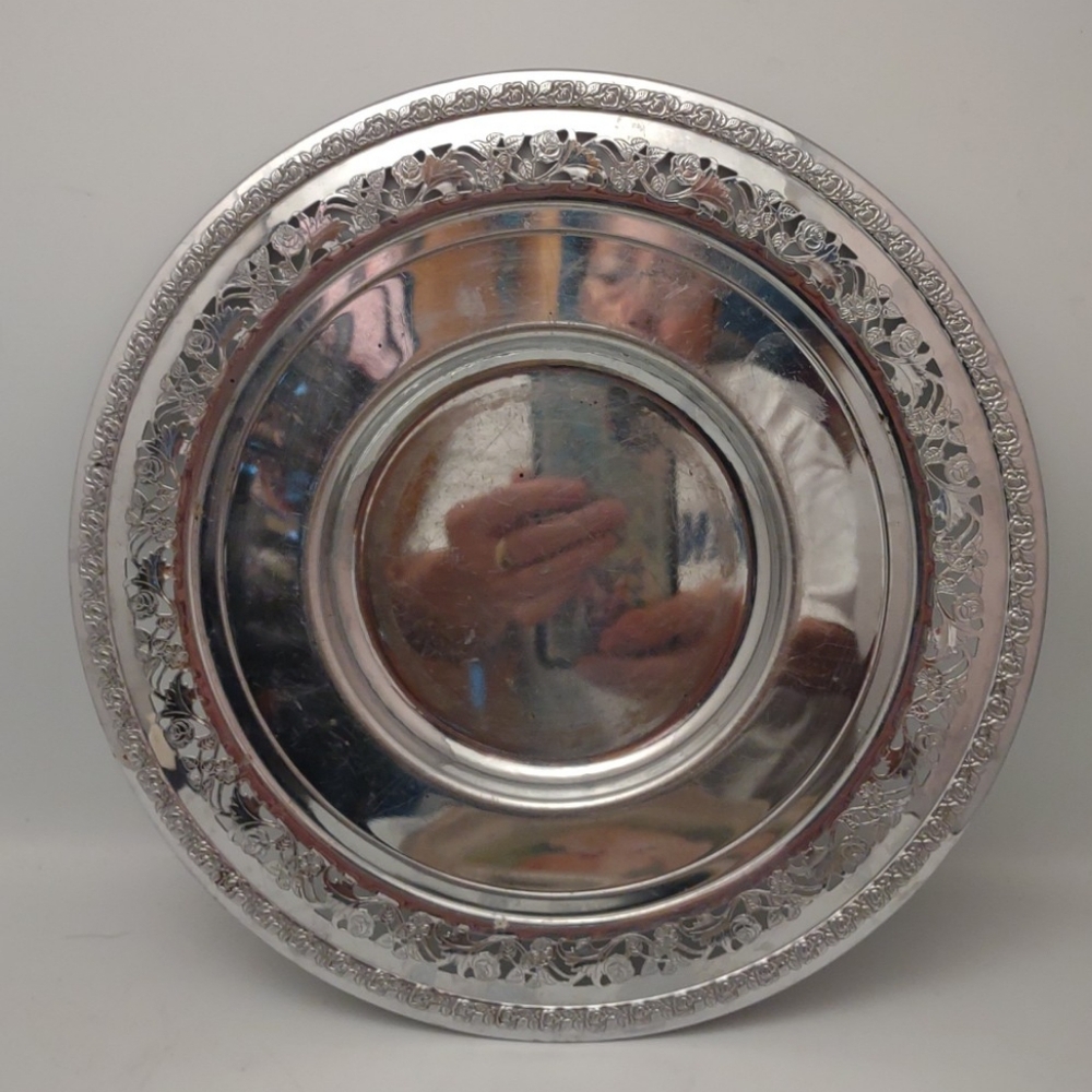 Vintage Silver Plate Round Ornate Reticulated Rose Design 11 1/2" Plate Dish